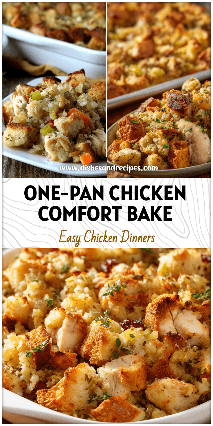 Sheet pan filled with Roasted Chicken And Dressing beside golden Stuffing Casserole for a warm family dinner.